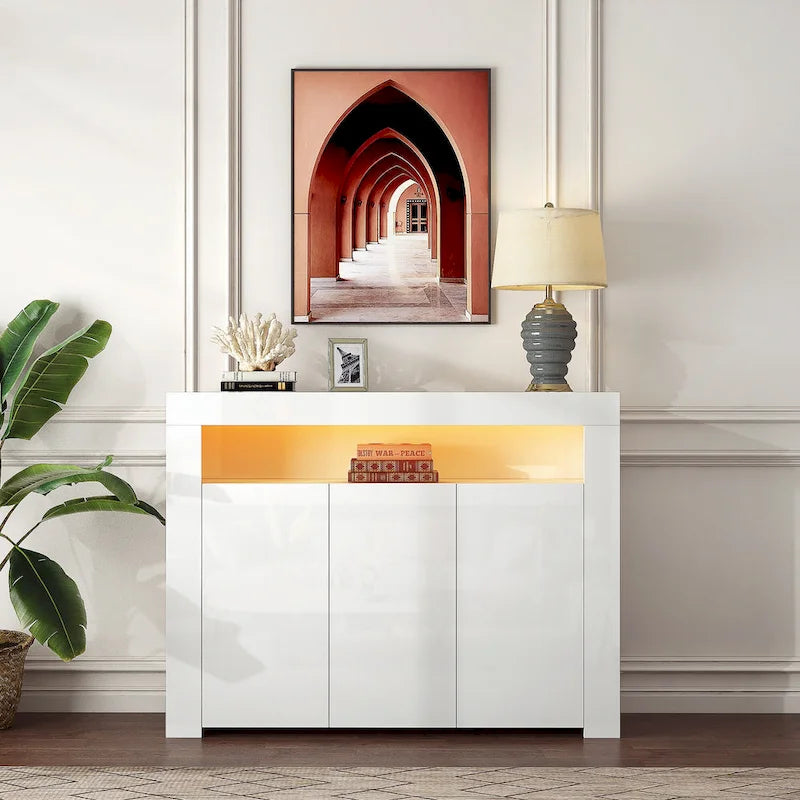 3-Door Sideboard Storage Cabinet with LED Lights – Black High Gloss