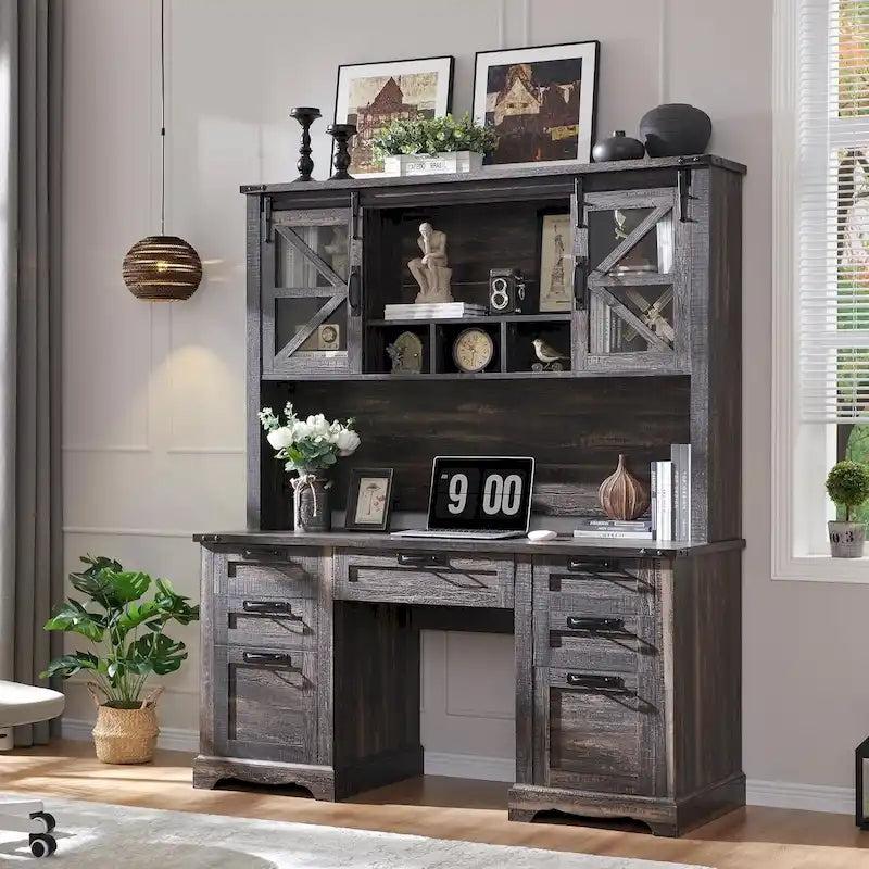 Farmhouse Style Home Office Desk with Storage and Charging Station