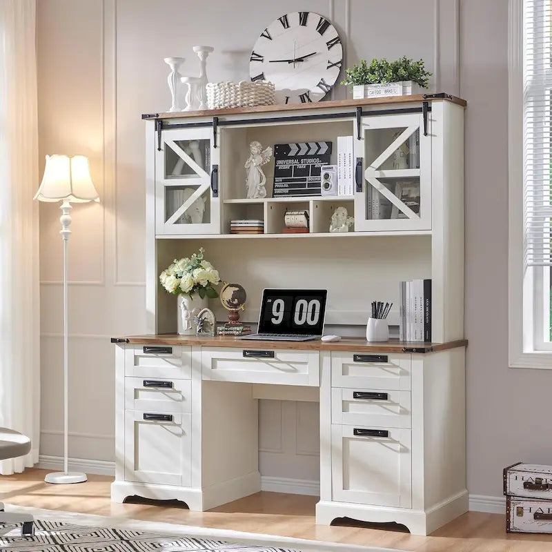 Farmhouse Style Home Office Desk with Storage and Charging Station
