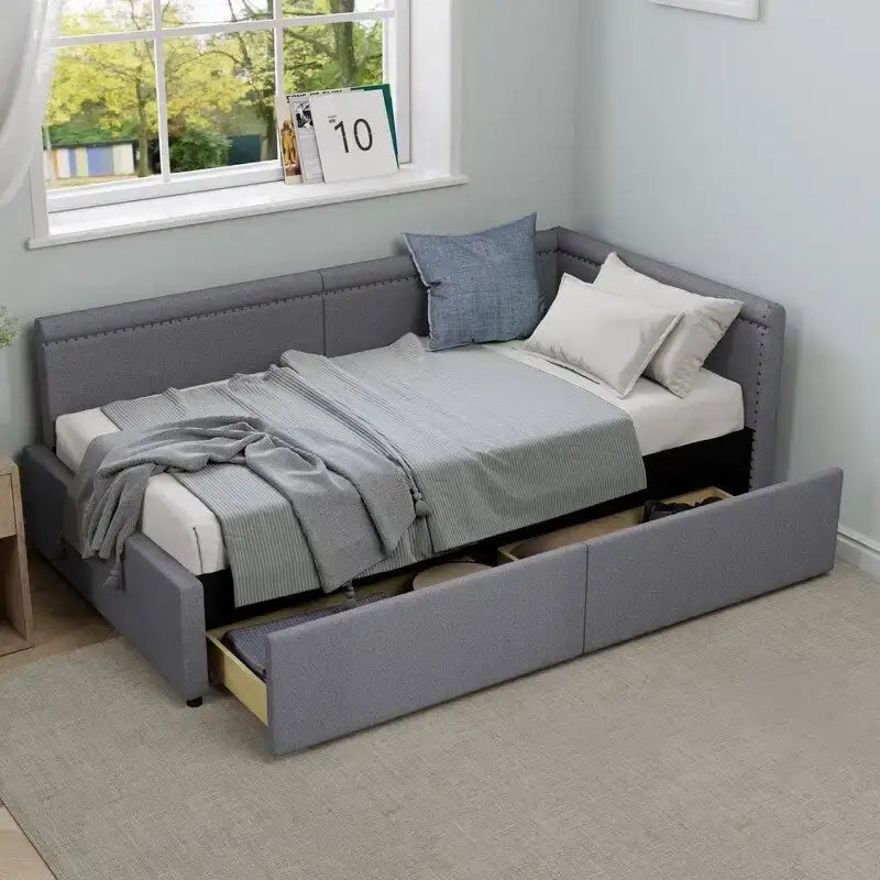 Twin Size L-Shape Linen Upholstered Daybed with Storage Drawers