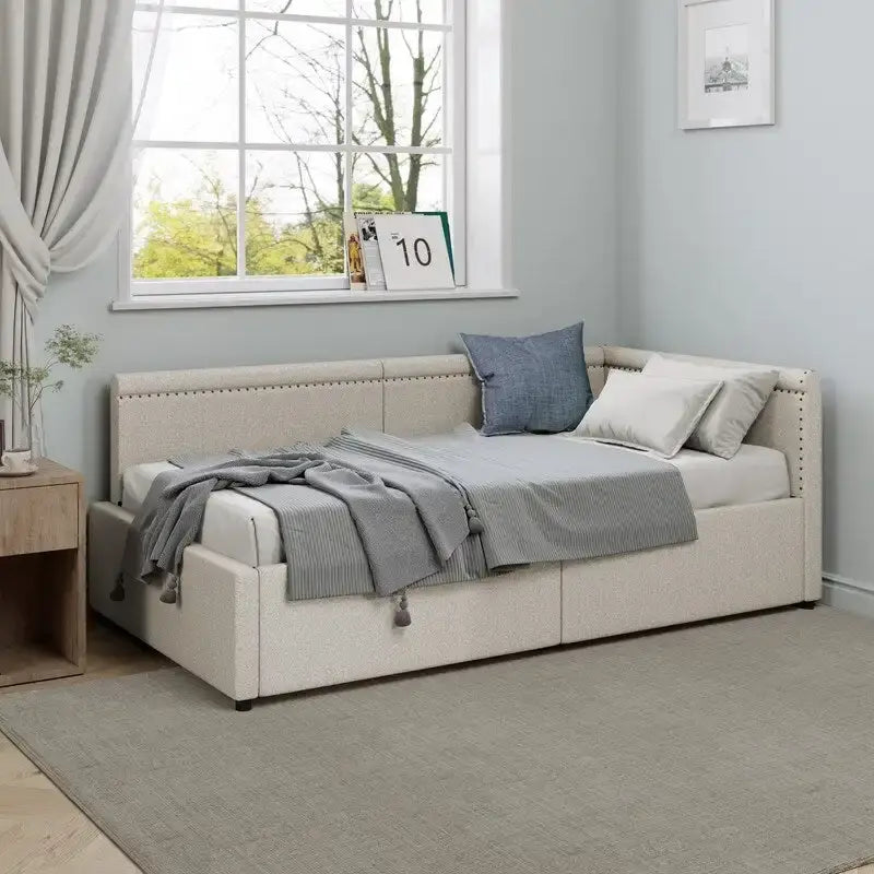 Twin Size L-Shape Linen Upholstered Daybed with Storage Drawers