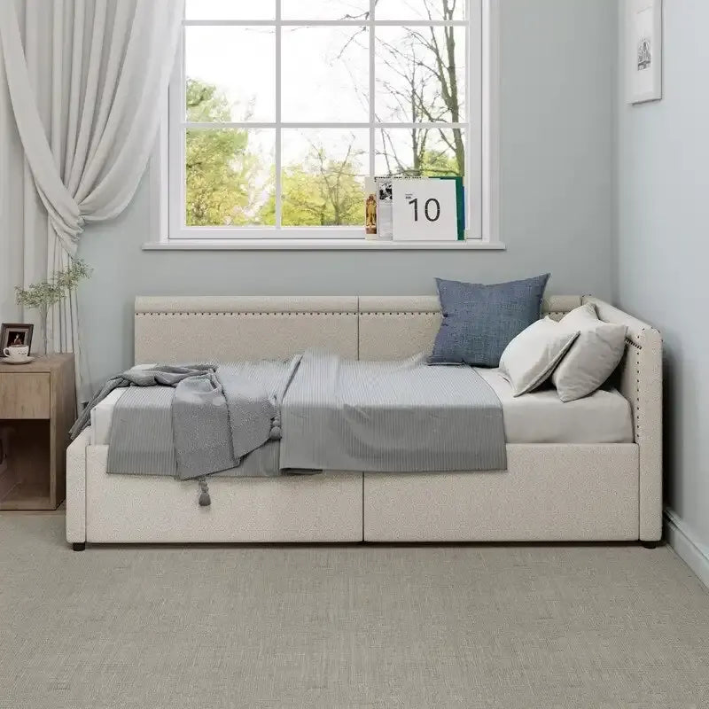 Twin Size L-Shape Linen Upholstered Daybed with Storage Drawers