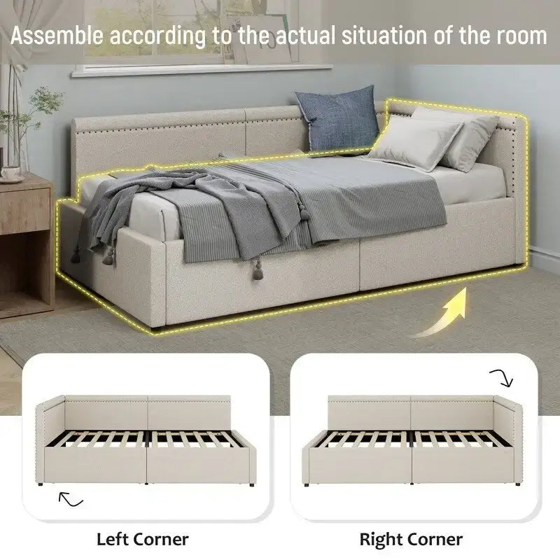 Twin Size L-Shape Linen Upholstered Daybed with Storage Drawers