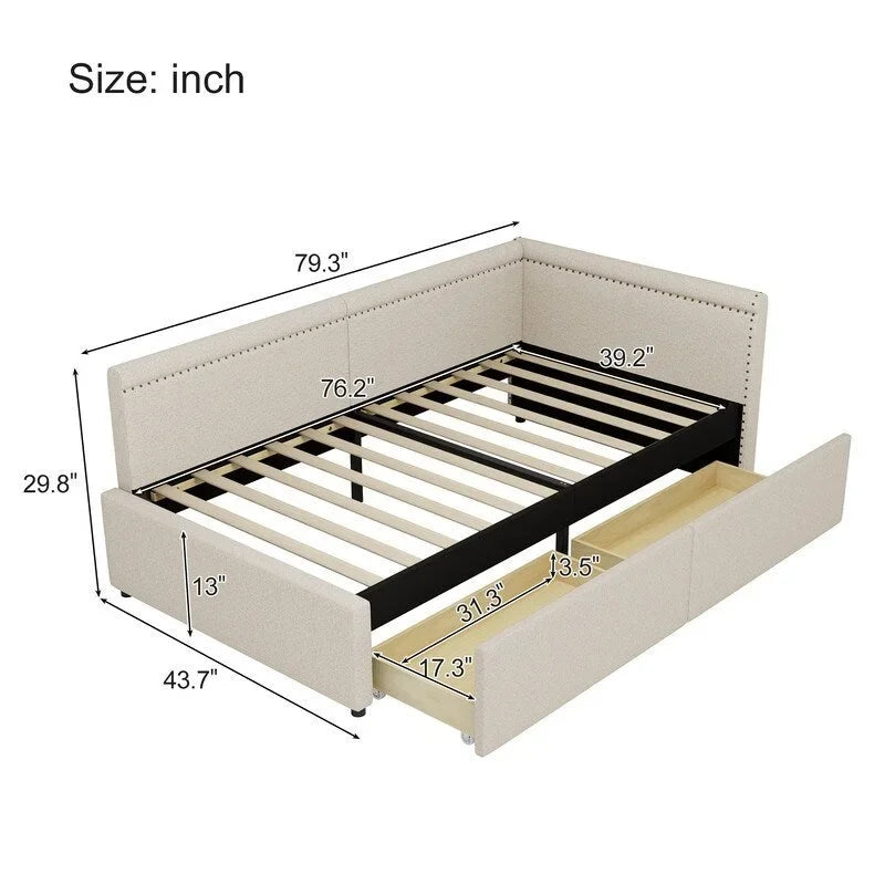 Twin Size L-Shape Linen Upholstered Daybed with Storage Drawers