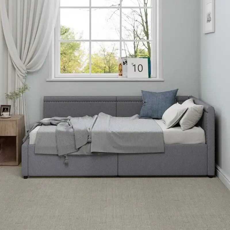 Twin Size L-Shape Linen Upholstered Daybed with Storage Drawers
