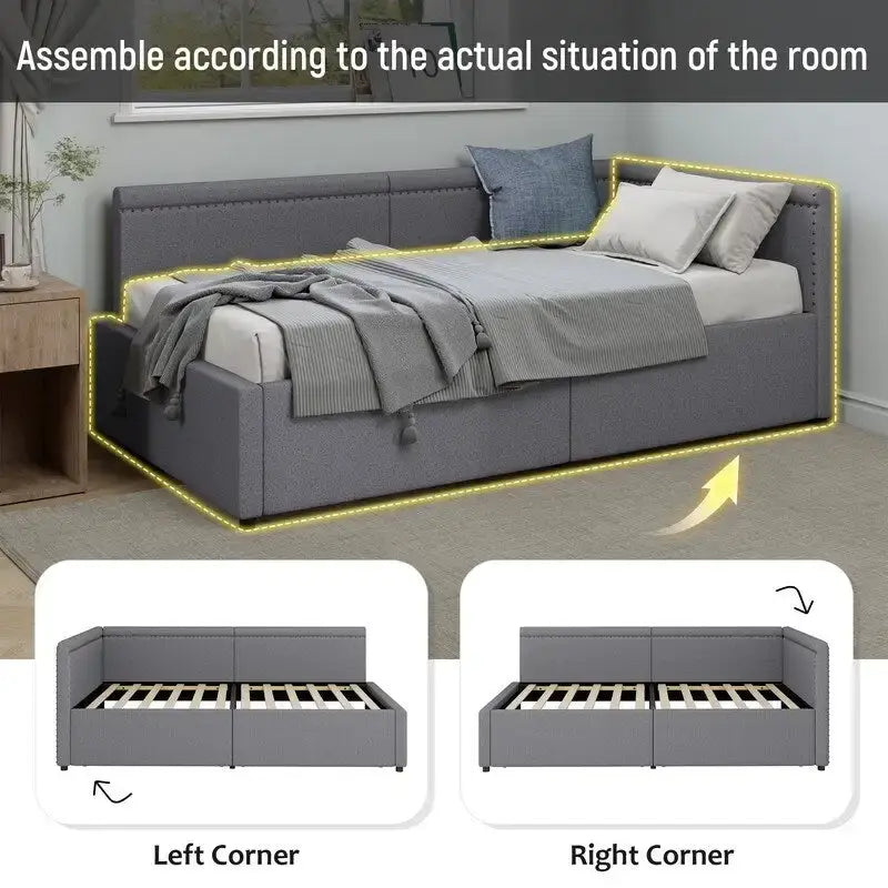 Twin Size L-Shape Linen Upholstered Daybed with Storage Drawers
