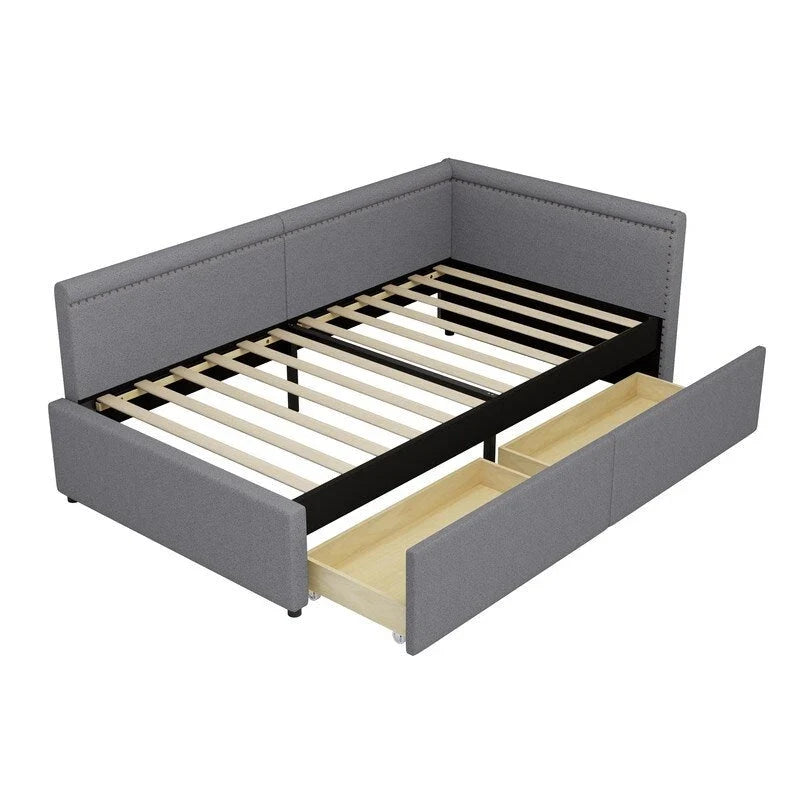 Twin Size L-Shape Linen Upholstered Daybed with Storage Drawers