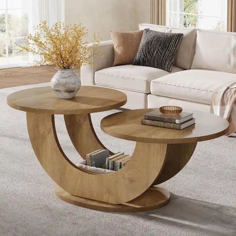 45.27" U-Shaped 2-Tier Coffee Table in Natural Wood Finish