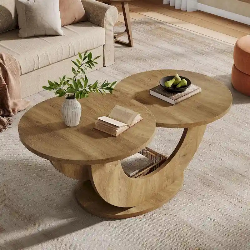 45.27" U-Shaped 2-Tier Coffee Table in Natural Wood Finish