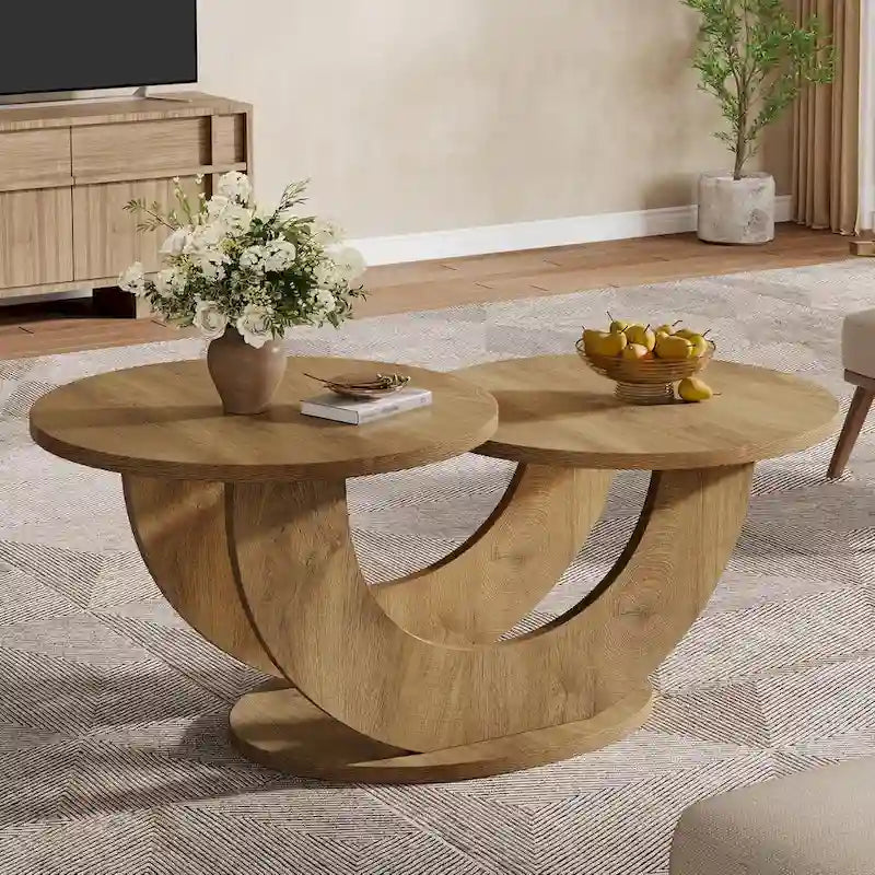 45.27" U-Shaped 2-Tier Coffee Table in Natural Wood Finish