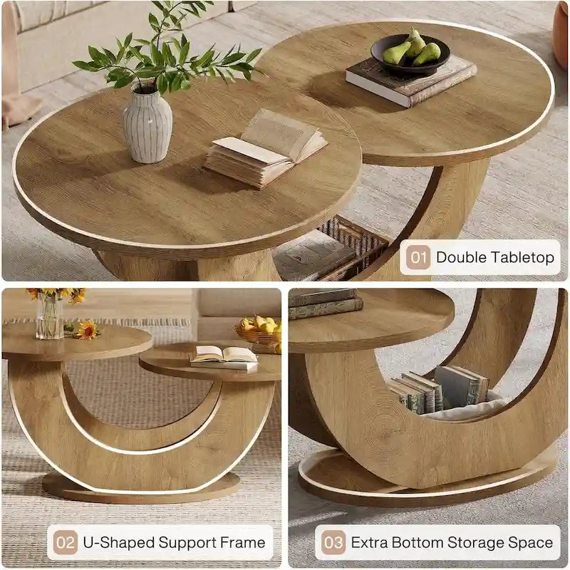 45.27" U-Shaped 2-Tier Coffee Table in Natural Wood Finish