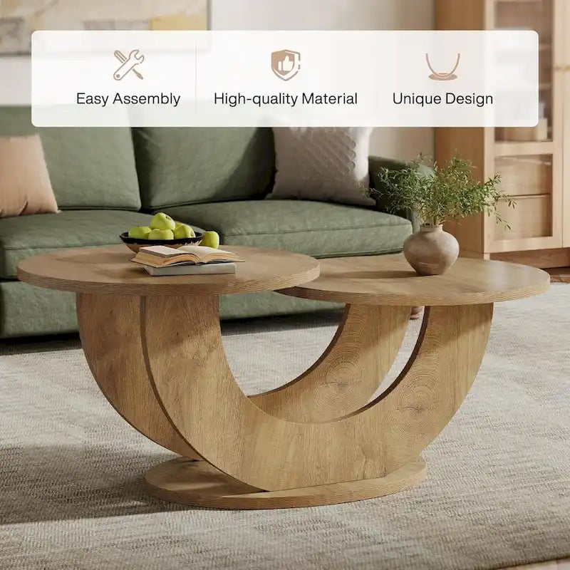 45.27" U-Shaped 2-Tier Coffee Table in Natural Wood Finish