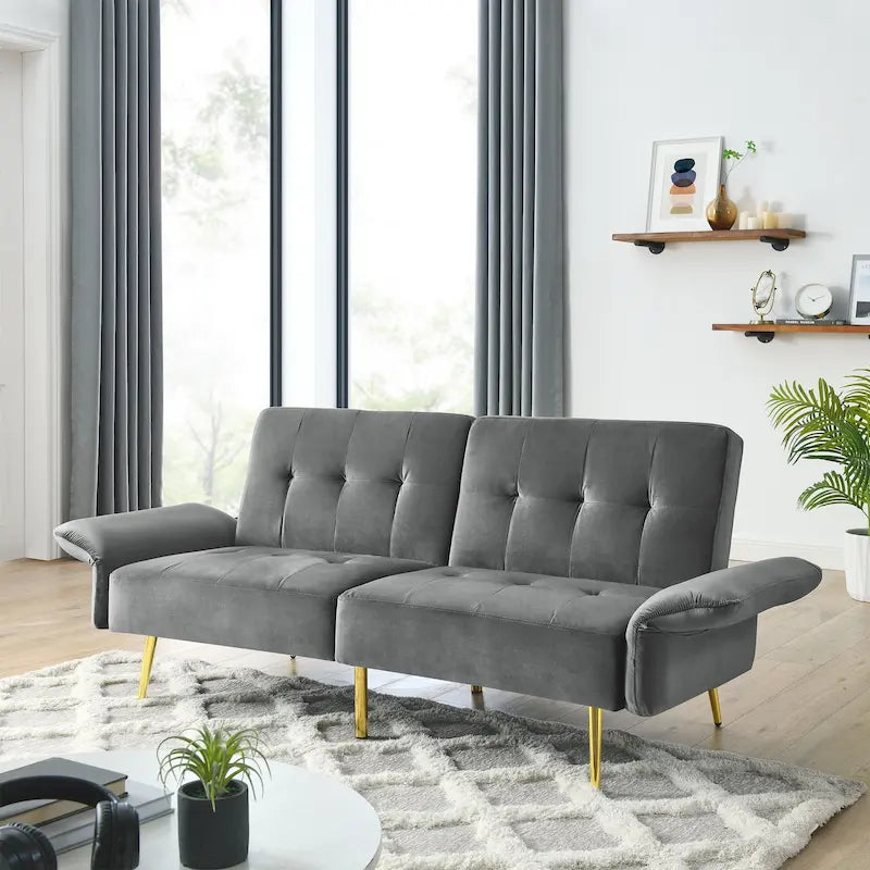 Velvet Convertible Sleeper Sofa Bed with Folded Armrests and Storage Pockets
