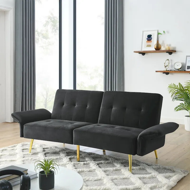 Velvet Convertible Sleeper Sofa Bed with Folded Armrests and Storage Pockets