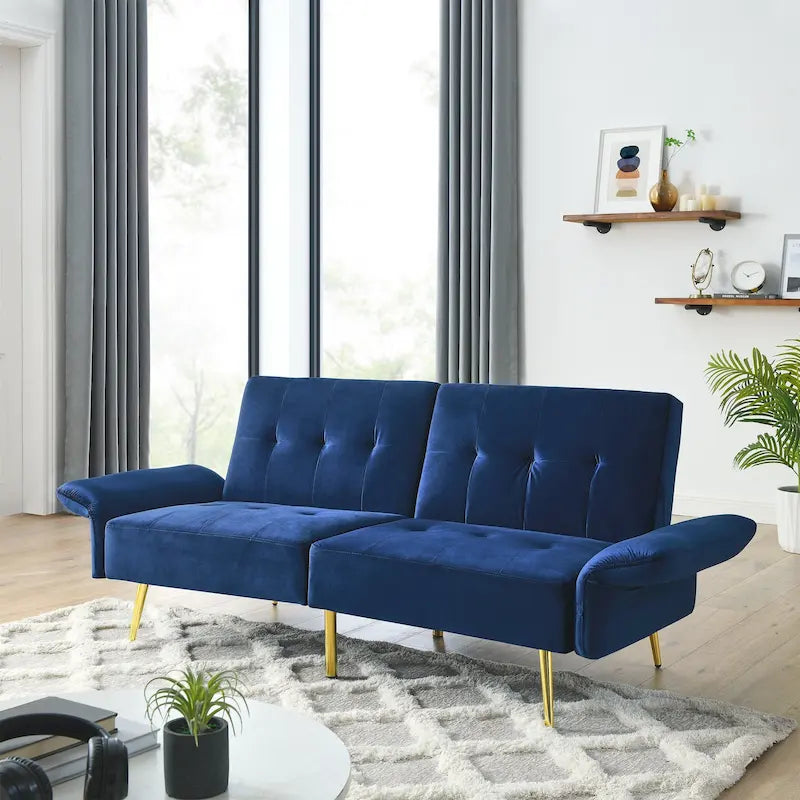 Velvet Convertible Sleeper Sofa Bed with Folded Armrests and Storage Pockets
