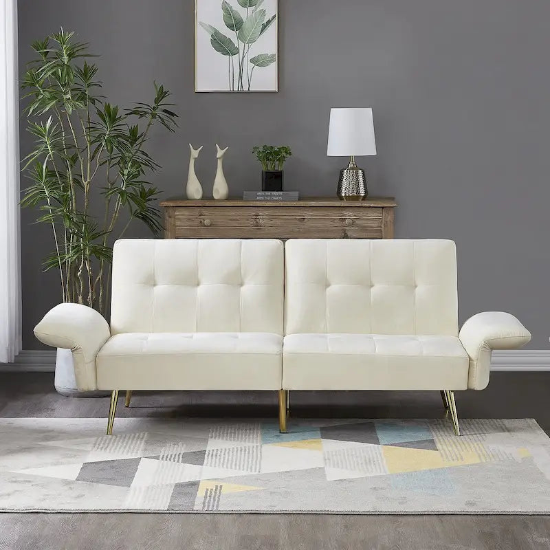 Velvet Convertible Sleeper Sofa Bed with Folded Armrests and Storage Pockets
