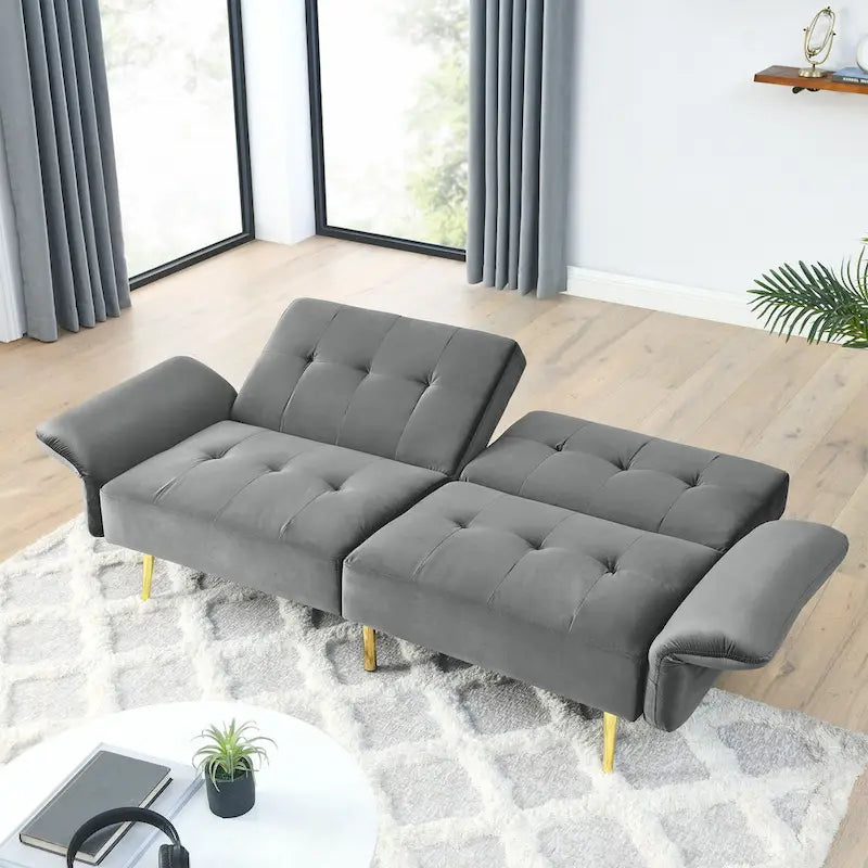 Velvet Convertible Sleeper Sofa Bed with Folded Armrests and Storage Pockets
