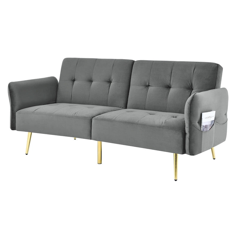 Velvet Convertible Sleeper Sofa Bed with Folded Armrests and Storage Pockets