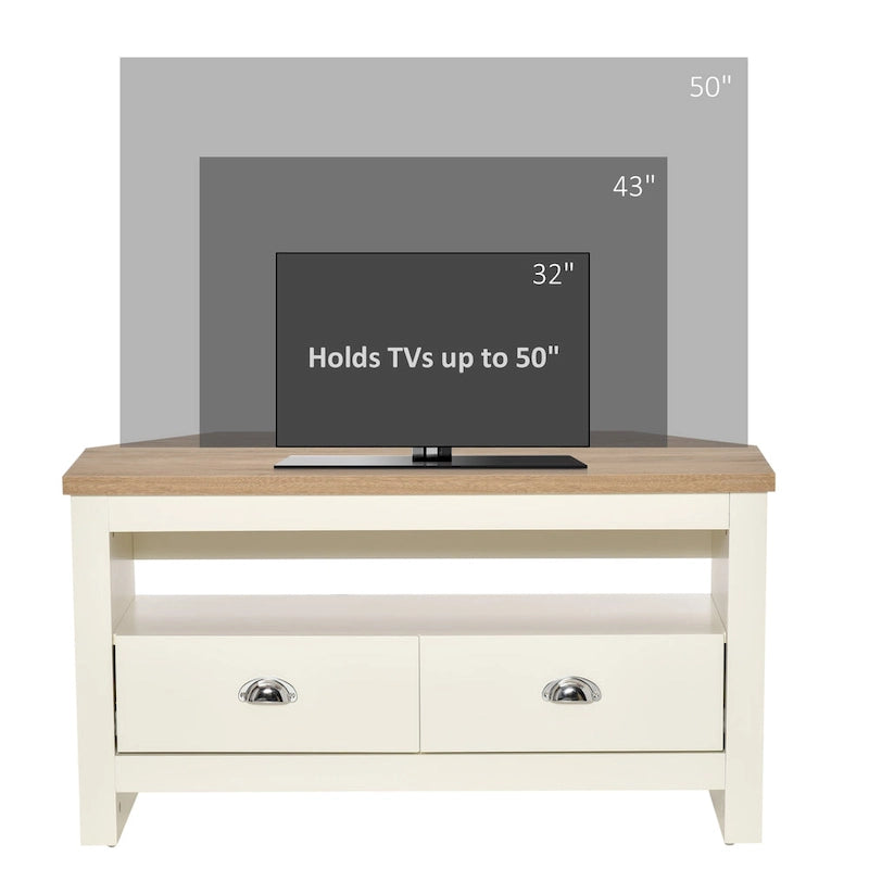 Eck-TV-Ständer für Fernseher bis 50 Zoll mit 2 Schubladen und 1 Stauraumfach