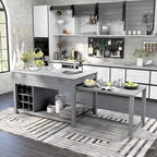 Farmhouse Wood Multi-Storage Kitchen Island with Faux Marble Top