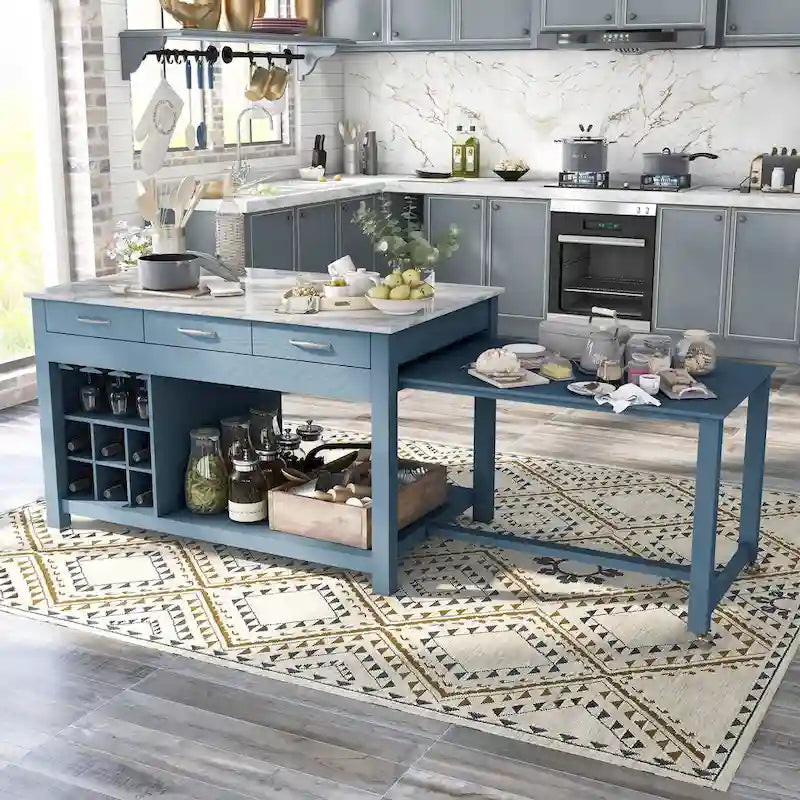 Farmhouse Wood Multi-Storage Kitchen Island with Faux Marble Top