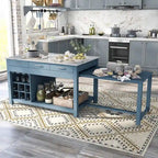 Farmhouse Wood Multi-Storage Kitchen Island with Faux Marble Top