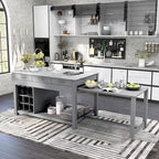 Farmhouse Wood Multi-Storage Kitchen Island with Faux Marble Top