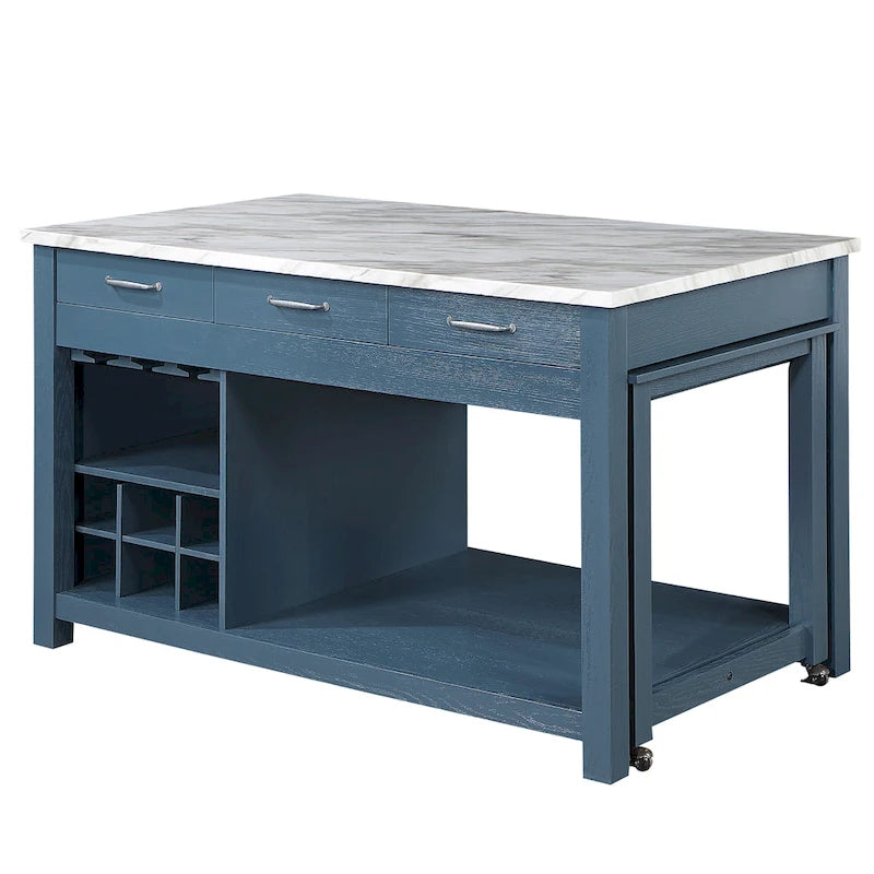 Farmhouse Wood Multi-Storage Kitchen Island with Faux Marble Top