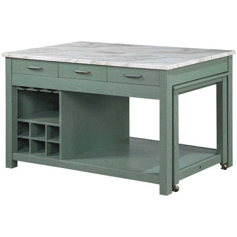 Farmhouse Wood Multi-Storage Kitchen Island with Faux Marble Top