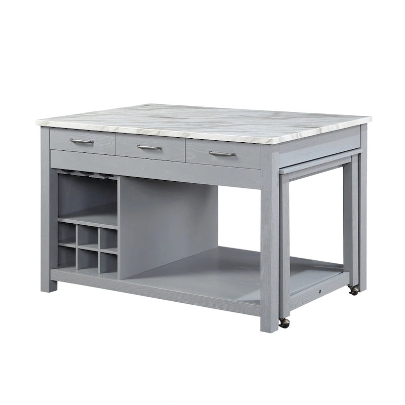 Farmhouse Wood Multi-Storage Kitchen Island with Faux Marble Top