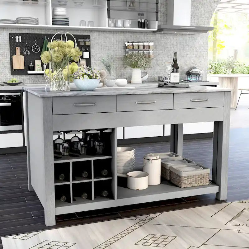 Farmhouse Wood Multi-Storage Kitchen Island with Faux Marble Top