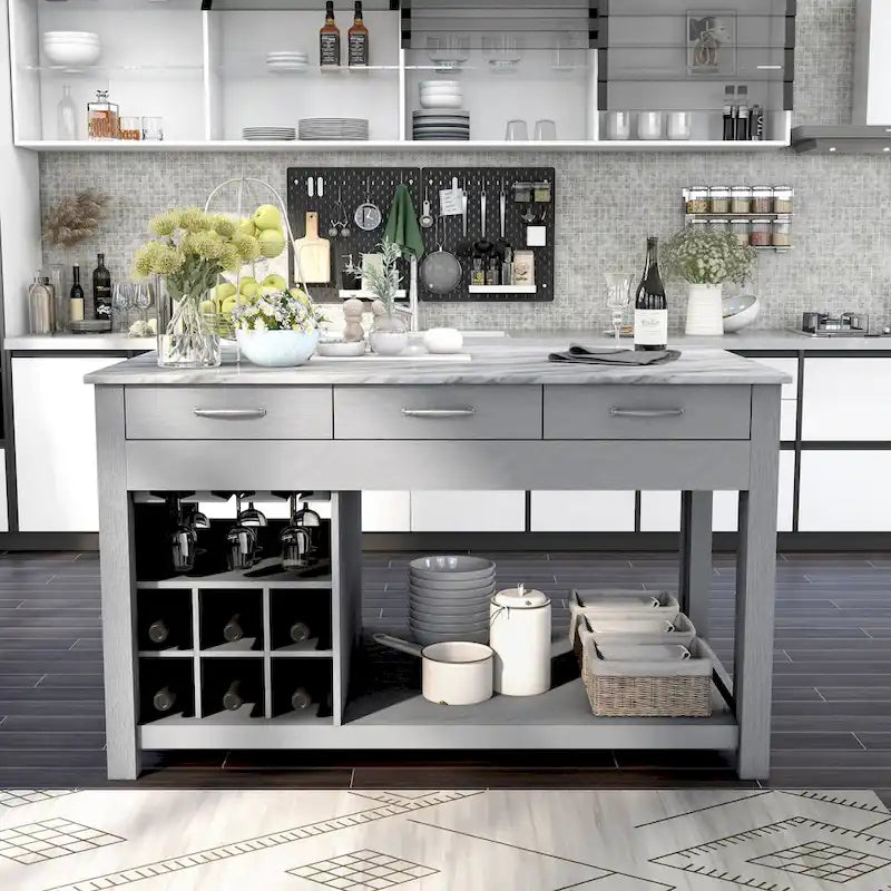 Farmhouse Wood Multi-Storage Kitchen Island with Faux Marble Top