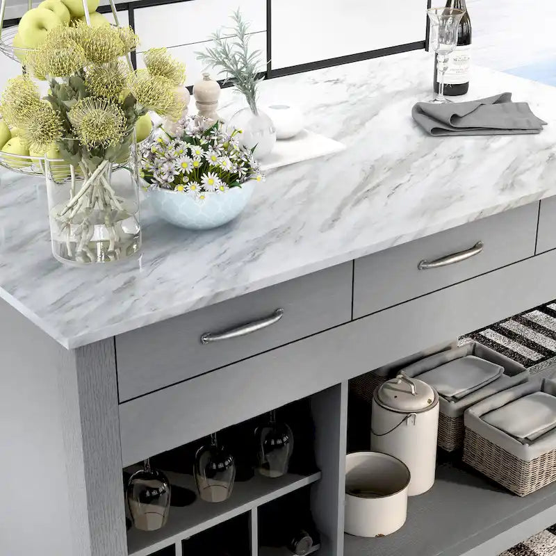 Farmhouse Wood Multi-Storage Kitchen Island with Faux Marble Top