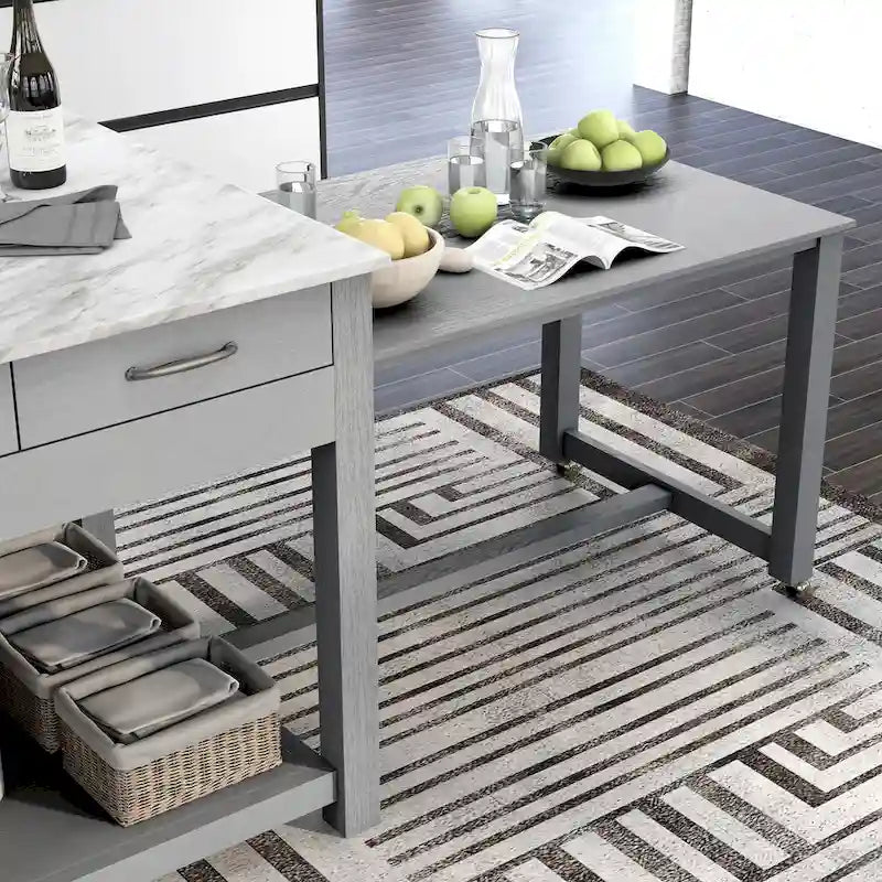 Farmhouse Wood Multi-Storage Kitchen Island with Faux Marble Top