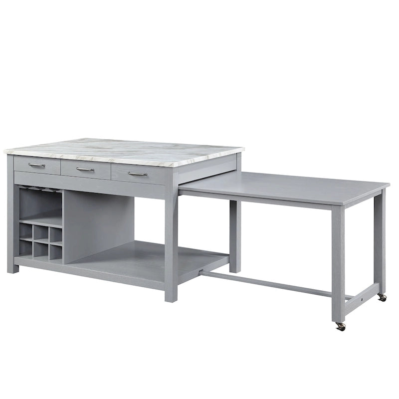 Farmhouse Wood Multi-Storage Kitchen Island with Faux Marble Top