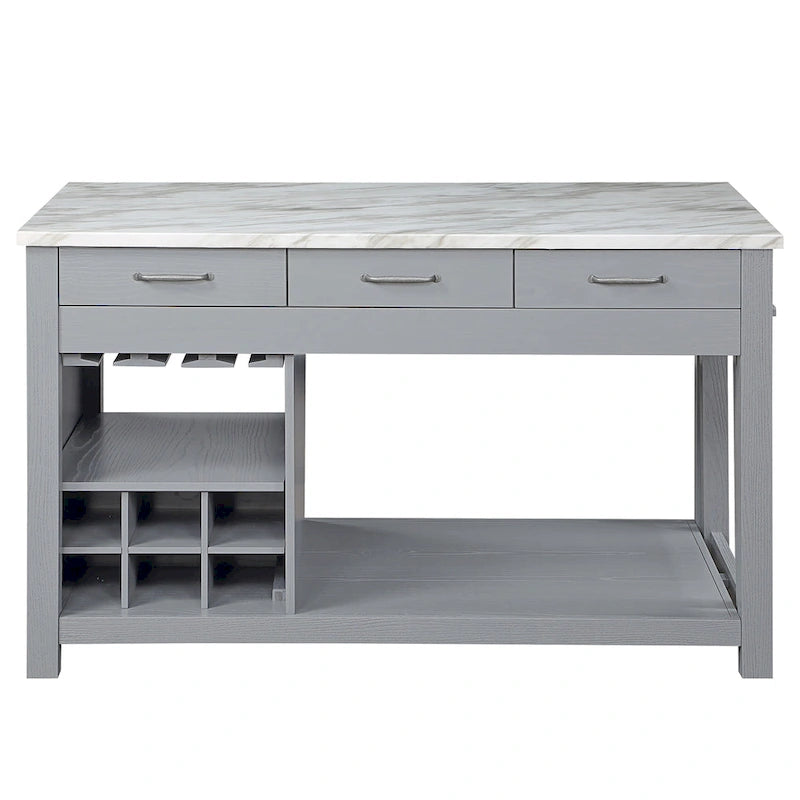 Farmhouse Wood Multi-Storage Kitchen Island with Faux Marble Top
