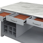 Farmhouse Wood Multi-Storage Kitchen Island with Faux Marble Top