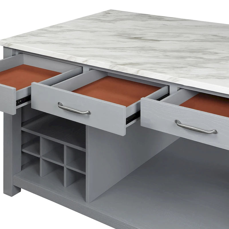 Farmhouse Wood Multi-Storage Kitchen Island with Faux Marble Top