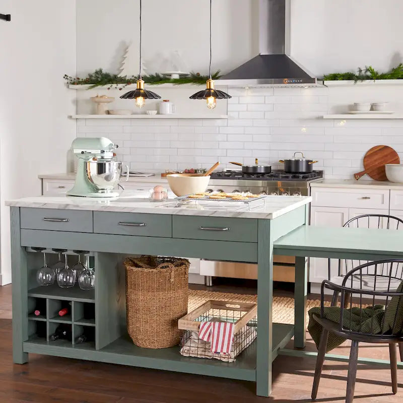 Farmhouse Wood Multi-Storage Kitchen Island with Faux Marble Top