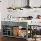 Farmhouse Wood Multi-Storage Kitchen Island with Faux Marble Top
