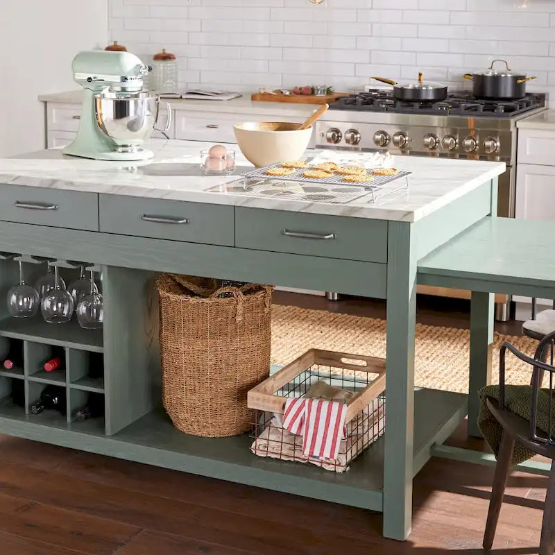Farmhouse Wood Multi-Storage Kitchen Island with Faux Marble Top