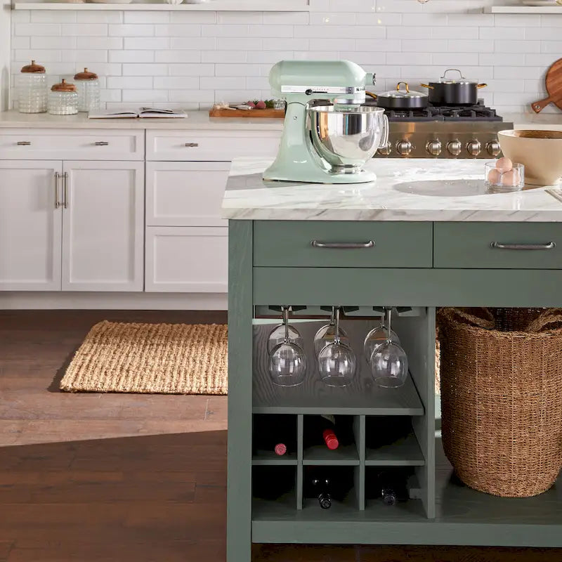 Farmhouse Wood Multi-Storage Kitchen Island with Faux Marble Top