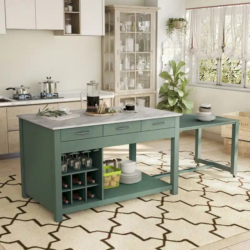 Farmhouse Wood Multi-Storage Kitchen Island with Faux Marble Top