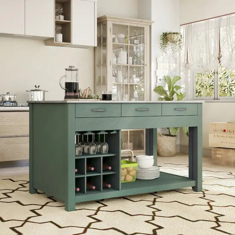 Farmhouse Wood Multi-Storage Kitchen Island with Faux Marble Top