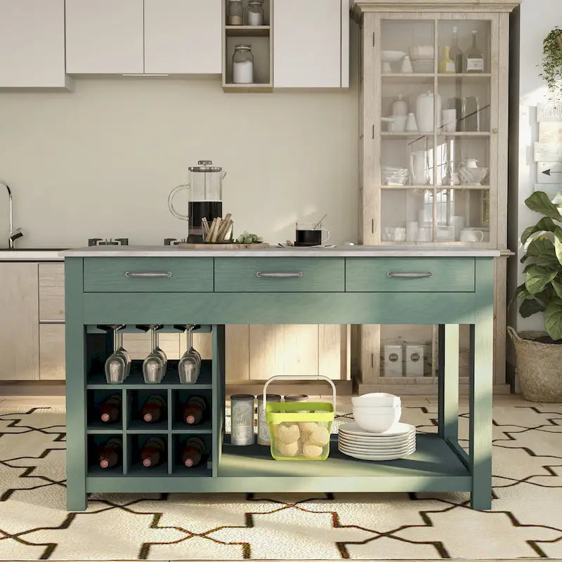 Farmhouse Wood Multi-Storage Kitchen Island with Faux Marble Top