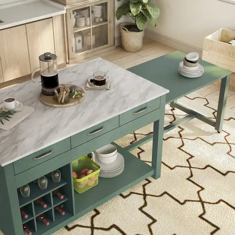 Farmhouse Wood Multi-Storage Kitchen Island with Faux Marble Top