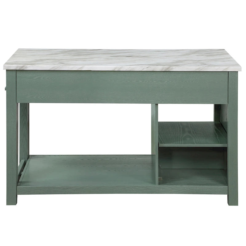 Farmhouse Wood Multi-Storage Kitchen Island with Faux Marble Top
