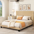 Queen Upholstered Bed Frame with Beige Velvet Headboard and Wingback