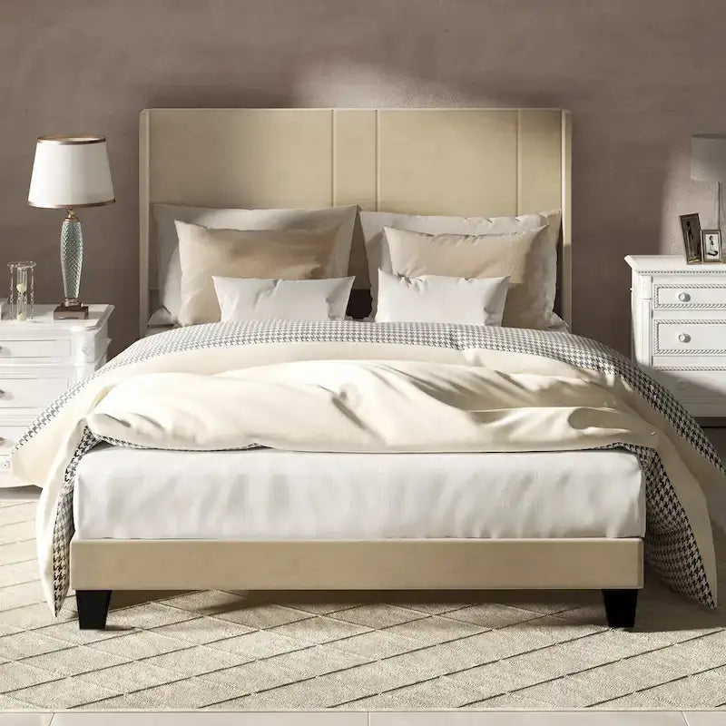 Gestoffeerd bedframe in Queen-formaat met fluwelen hoofdbord