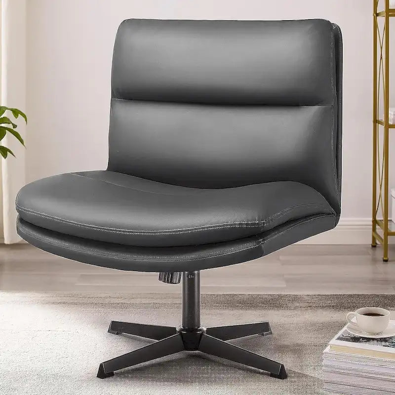 Armless Office Desk Chair with PU Leather Seat, Swivel Base, No Wheels